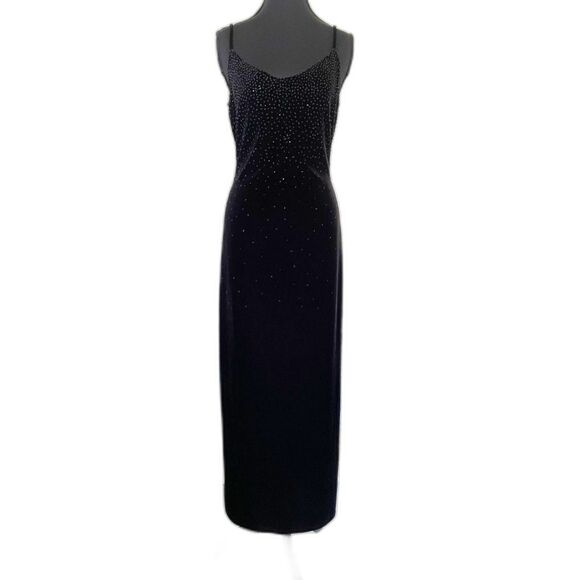 Vtg Women's Velvet Beaded Dress Medium Black Y2K 90s Prom Grunge Formal Party - Picture 1 of 7